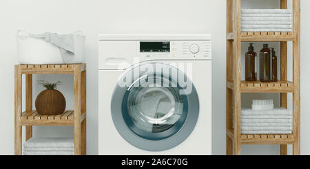 Bagno moderno con il colore bianco lucido armadi e lavatrice, rendering 3D Foto Stock