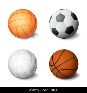 Realistiche le palle sportive icona set isolato su sfondo bianco, pallavolo, calcio, pallacanestro, illustrazione vettoriale. Illustrazione Vettoriale