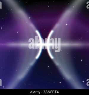 Astrologia segno dei Pesci o pesce con aura mistica nell'universo. Icona di magia Illustrazione Vettoriale