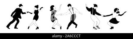 Swing di tre coppie di ballo sagome in bianco e nero e profilo bianco su sfondo bianco. Illustrazione Vettoriale. Illustrazione Vettoriale