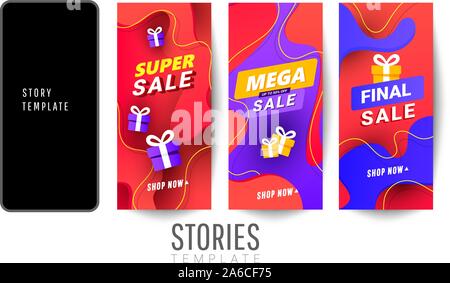 Set di social media storie vendita banner sfondo con gradiente di poligonale forme e doni su sfondo grigio. Natale verticale poster, cartoline hea Illustrazione Vettoriale