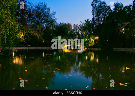 Il tramonto nel parco di Cismigiu a Bucarest, Romania Foto Stock