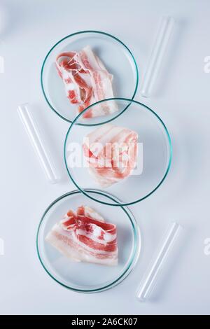 Immagine concettuale del finto di carne con articoli di vetreria di laboratorio. Foto Stock