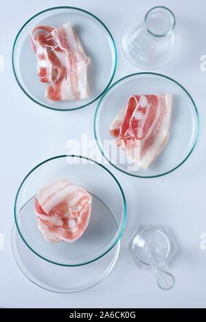 Immagine concettuale del finto di carne con articoli di vetreria di laboratorio. Foto Stock