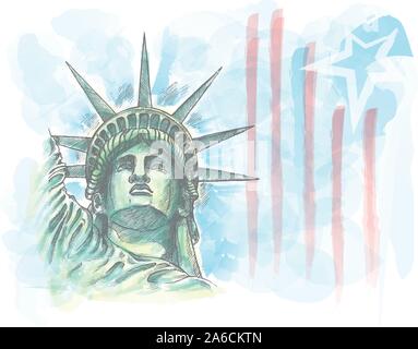 Disegno ad acquerello della statua della libertà faccia con bandiera Illustrazione Vettoriale