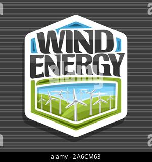 Il logo del vettore per l'energia eolica, bianco segno esagonale con molti mulini a vento sulle verdi colline di estate e il blu cielo nuvoloso, lettering originale per parole vento ene Illustrazione Vettoriale