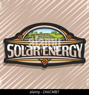 Il logo del vettore per l'energia solare, scuro etichetta creative con molti pannelli fotovoltaici su estate verde collina con alberi, lettering originale per parole solar en Illustrazione Vettoriale