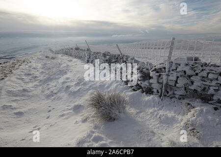 In pietra a secco e la parete di recinto di filo ricoperto di trasformata per forte gradiente di brina sui Whernside tappezzate in neve e ghiaccio metà inverno Yorkshire Dales Foto Stock