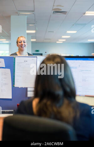 Due elementi femmina di chat personale attraverso un ufficio open space al di sopra dei divisori Foto Stock