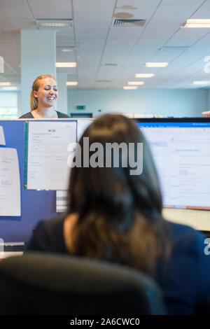 Due elementi femmina di chat personale attraverso un ufficio open space al di sopra dei divisori Foto Stock