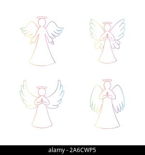 Set di vettore di quattro angeli arcobaleno delineano su sfondo bianco. La religione di elementi decorativi per il nuovo anno, scheda di Natale Illustrazione Vettoriale