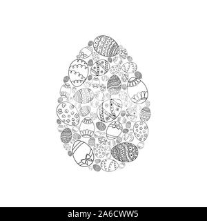 Vettore di pasqua scheda di invito della forma di uovo dal nero doodle uova di Pasqua su sfondo bianco. Pasqua pagina colorazione prenota Illustrazione Vettoriale