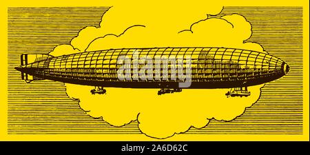 Un enorme dirigibile storico battenti di fronte a grandi cumuli di nuvole al tramonto su uno sfondo giallo. Modificabile in strati Illustrazione Vettoriale