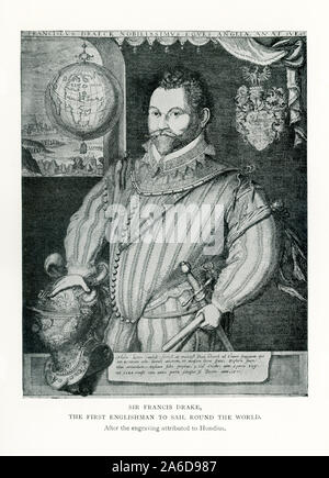 Questo le immagini risale al 1912. Essa mostra Sir Francis Drake e la didascalia recita: Sir Francis Drake. Il primo inglese a vela in tutto il mondo. Esso è basato su una incisione attribuita a Hondius. Jodocus Hondius (in olandese: Joost de Hondt) era un incisore fiammingo e cartografo. Egli era nato nel 1563 e morto nel 1612. Drake effettuata secondo il periplo del mondo in una sola spedizione, dal 1577 al 1580, e fu il primo a completare il viaggio come capitano mentre conduce la spedizione in tutta la circumnavigazione. Foto Stock