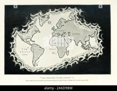 Questa illustrazione risale al 1912 ed è parte di una serie di mappe intitolato: "Lo svolgimento delle nuvole". È il quinto della serie. Esso mostra il mondo come è noto dopo la circumnavigazione di Sir Francis Drake negli anni 1577-1580. Il primo inglese a vela in tutto il mondo. Drake effettuata secondo il periplo del mondo in una sola spedizione, dal 1577 al 1580, e fu il primo a completare il viaggio come capitano mentre conduce la spedizione in tutta la circumnavigazione. Foto Stock