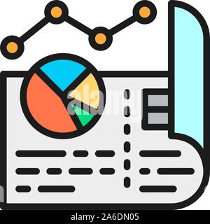 Documento con diagrammi e grafici a torta piatto icona di colore. Illustrazione Vettoriale