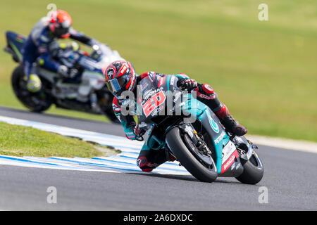 Il 26 ottobre 2019; Phillip Island Grand Prix Circuit, Phillip Island, Victoria, Australia; Australian Moto GP, giornata di qualifica; il numero 20 Yamaha Petronas SRT rider Fabio Quartararo durante le prove libere 4 - Uso editoriale Foto Stock