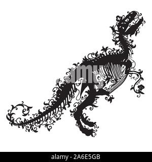 Silhouette nera di un Tirannosauro Rex skeleton su sfondo bianco. Illustrazione Vettoriale