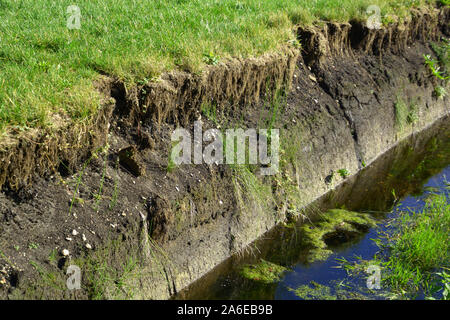 Turf o strato di torba in autunno sun in Baviera, close-up di trincea tagliato in profondità di torba peatland Foto Stock