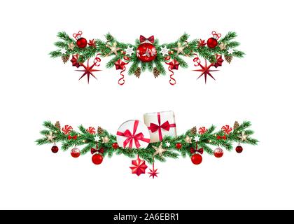 Set di Christmas Festive ghirlande decorative. Vacanze frontiere ornamentali con rami di pino, sfere, stelle e del nastro per la progettazione di poster, striscioni, ticket Illustrazione Vettoriale