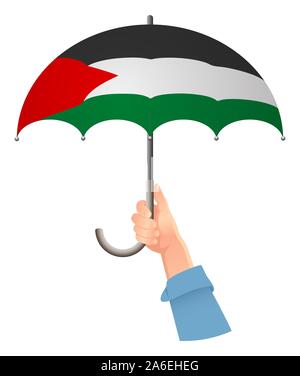 Bandiera della Palestina. Mano che tiene l'ombrello. La sicurezza sociale concetto. Bandiera Nazionale della Palestina illustrazione Foto Stock