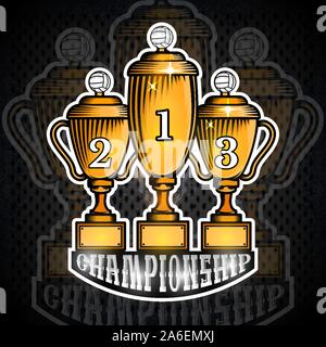 Tre golden coppe pallavolo primo secondo e terzo posto. Vector sport banner in stile cartoon Illustrazione Vettoriale