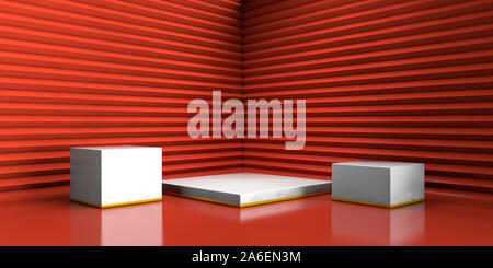 In scena con forme geometriche, quadrato bianco platform, minimale sfondo rosso per la pubblicità commerciale, rosso a zig-zag forme a parete, pastello, piattaforma 3D ren Foto Stock