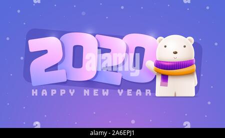 Poco simpatico orso e Felice Anno Nuovo 2020 saluto. Gli elementi sono stratificati separatamente in file vettoriale. Illustrazione Vettoriale