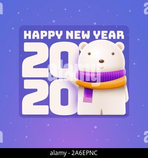 Poco simpatico orso e Felice Anno Nuovo 2020 saluto. Gli elementi sono stratificati separatamente in file vettoriale. Illustrazione Vettoriale