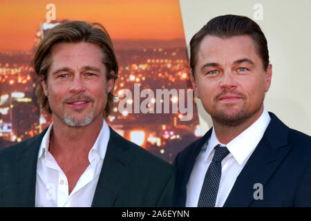 HOLLYWOOD, CALIFORNIA - 22 Luglio: Brad Pitt e Leonardo DiCaprio frequentare la Sony Pictures' 'Una volta...nell' Hollywood Los Angeles Premiere su J Foto Stock