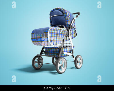 Passeggino blu con inserti di jeans per bambino 3D render su sfondo blu con ombra Foto Stock