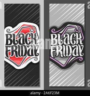 Vettore banner verticale per il Black Friday, volantini con spazzola originale carattere tipografico per parole venerdì nero sul prezzo decorativo tag, semplice stile minimalista conc Illustrazione Vettoriale