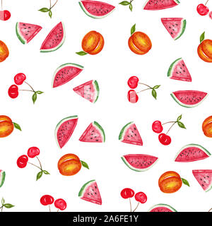 Modello senza cuciture con frutti Acquerello Acquerello, pesca, ciliegia e anguria isolato su bianco Foto Stock