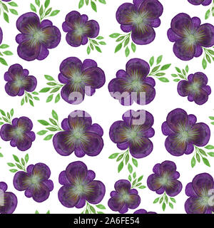 Seamless schema di ripetizione con viola pansy fiori e foglie, acquerello design floreale con il fiore fiore Foto Stock