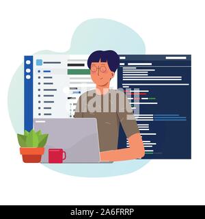 Lavoro Programmatore di scrittura di codice sul computer portatile con la linea del codice di linguaggio di programmazione su schermo. Sviluppatore Web utilizzando il controllo della versione repository. Illustrazione Vettoriale