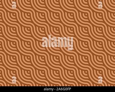 Marrone e beige strisce sullo sfondo di tessitura. La sovrapposizione di cerchi ripetitori rendere curly texture. Stile giapponese linee ondulate seamless pattern. Vettore Illustrazione Vettoriale