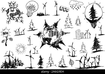 Molti disegnati a mano schizzi di argomenti riguardanti la natura nd ambiente ed ecologia e alberi e l'energia eolica Illustrazione Vettoriale