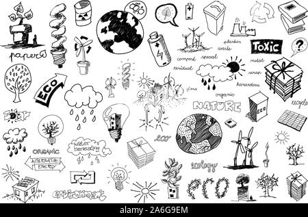 Molti disegnati a mano schizzi di argomenti riguardanti la natura nd ambiente ed ecologia e riciclaggio e inquinamento Illustrazione Vettoriale