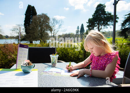 Un simpatico bambina indossa un abito grazioso gode facendo alcune colorazioni in attesa per la sua cena per arrivare, mangiare all'aperto sotto il sole Foto Stock