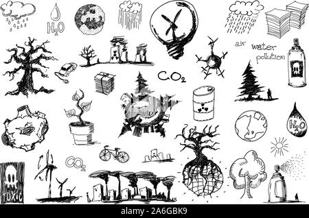 Molti disegnati a mano schizzi di argomenti riguardanti la natura nd ambiente ed ecologia e alberi e l'energia eolica Illustrazione Vettoriale