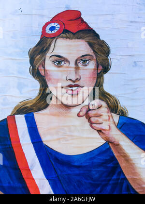 A Marianne con un dito teso, ala sinistra manifesto politico, Lione, Francia Foto Stock