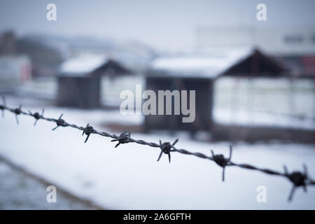 filo spinato closeup con campo di detenzione in background Foto Stock