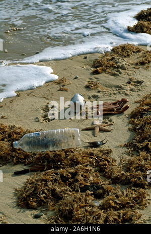 LINEA MAREA & PLASTICA INQUINAMENTO, gomma, articoli, articoli, vita marina, fauna selvatica, dispersione su una spiaggia DI MARE, Norfolk, Inghilterra, Regno Unito. Risultati di igiene sanitaria. Foto Stock