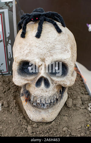 Halloween è in arrivo presto, lo scheletro in tuta a strisce e hat. Halloween è in arrivo presto. Lo scheletro cranio Foto Stock