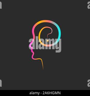 Domanda firmare in testa, il logo di psicologia, vettore mente icona, l'allenamento cognitivo icona, una conoscenza astratta simbolo Illustrazione Vettoriale