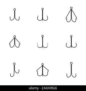 Gli accessori di pesca da linee sottili. Insieme di diverse camere doppie e triple e ganci, isolati su sfondo bianco, illustrazione vettoriale. Illustrazione Vettoriale