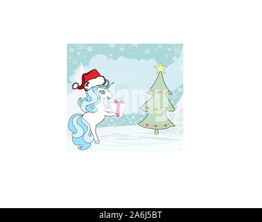 Illustrazione di unicorn con albero di natale e una sorpresa regalo di Natale Illustrazione Vettoriale