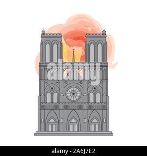 La cattedrale di Notre Dame di Parigi, Francia. Disegno della linea con stile acquerello fiamme. EPS10 formato vettoriale Illustrazione Vettoriale