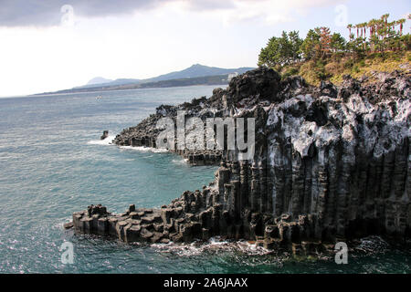 Il Daepo Jusangjeolli (Jusangjeollidae) basalto colonnare e giunti a strapiombo sul Jeju Island, Corea del Sud Foto Stock