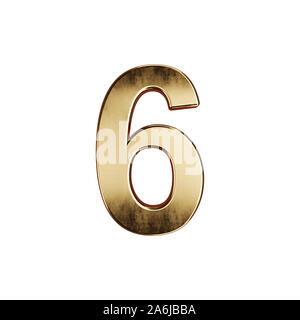 3D render di golden cifra alfabeto font di carattere numero sei simbolo - 6. Isolato su sfondo bianco Foto Stock